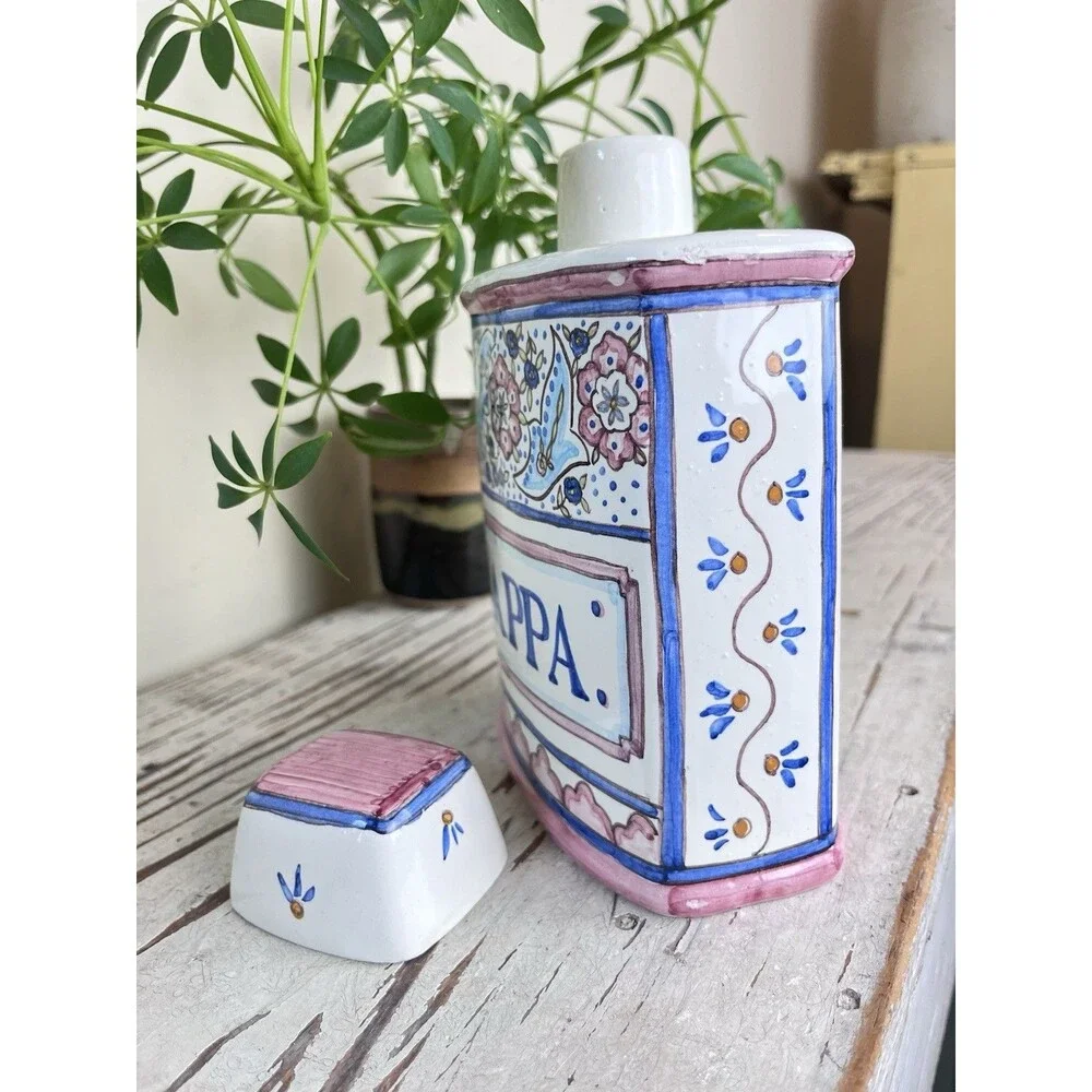 Vintage Hand Painted Italian Pottery Grappa Decanter W/Lid / Italy Home Bar 7”